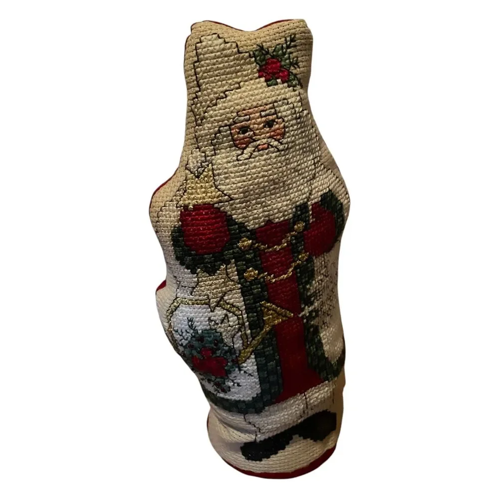 Vintage Needlepoint Christmas Holiday Santa Claus Stand up Pillow/Doorstop